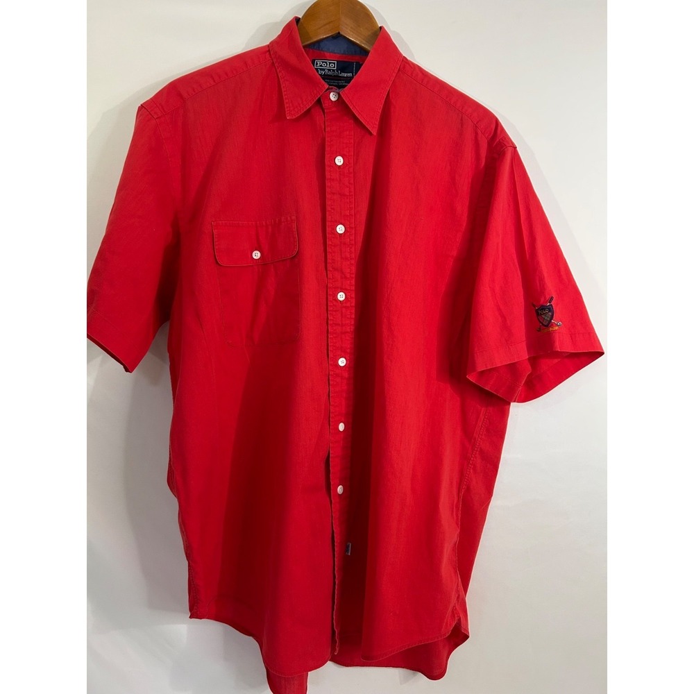 Polo Ralph Lauren Red S/S Cotton Solid Sleeve Logo‎ Spread Collar  Sz L